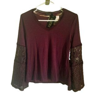 Burgundy Lace Bell-Sleeve V-Neck Knit Top Size S